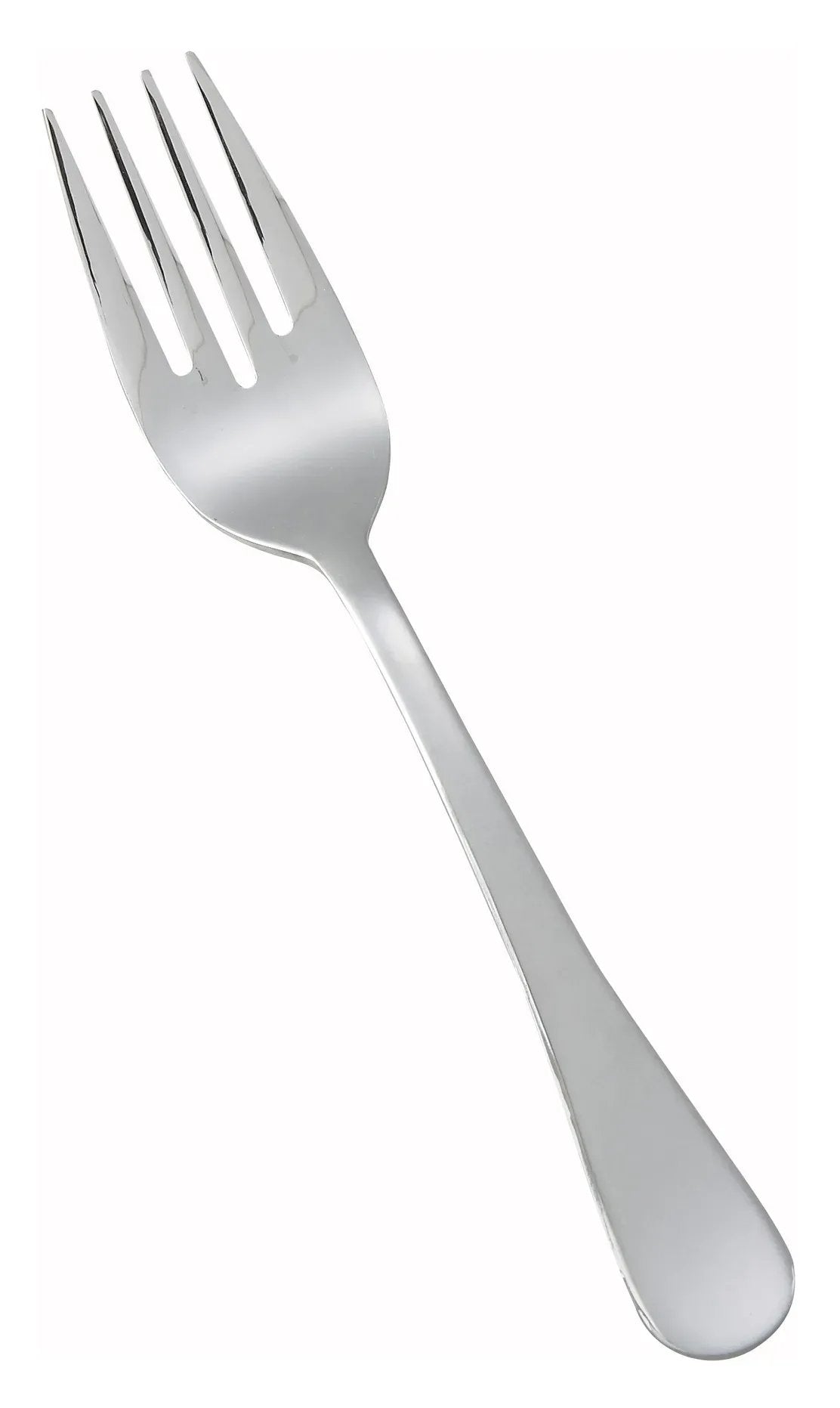 Tenedor de acero inoxidable con cuatro dientes, acabado pulido, sobre fondo blanco