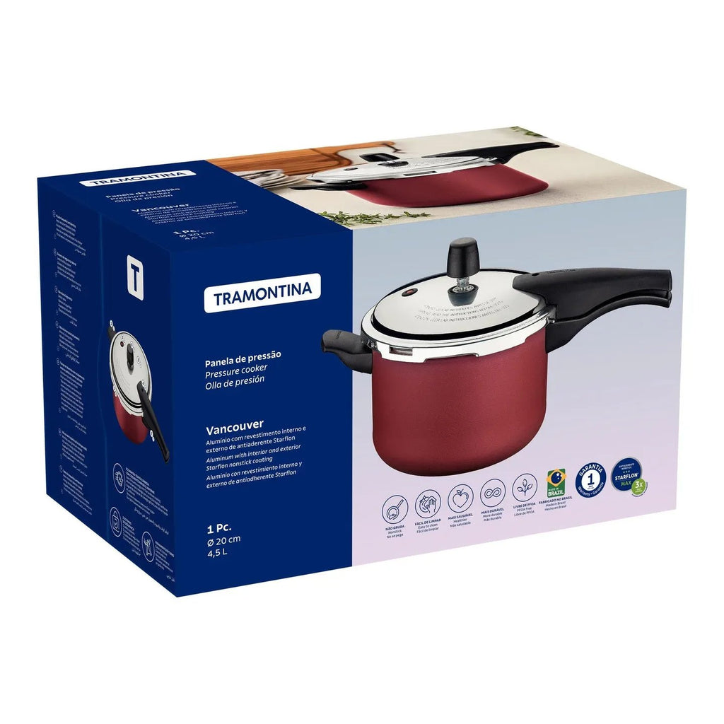 Olla a presión Tramontina Vancouver de aluminio con revestimiento antiadherente Starflon Max interno y externo, roja, 20 cm, 4,5 L