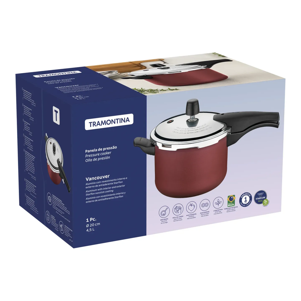 Olla a presión Tramontina Vancouver de aluminio con revestimiento antiadherente Starflon Max interno y externo, roja, 20 cm, 4,5 L