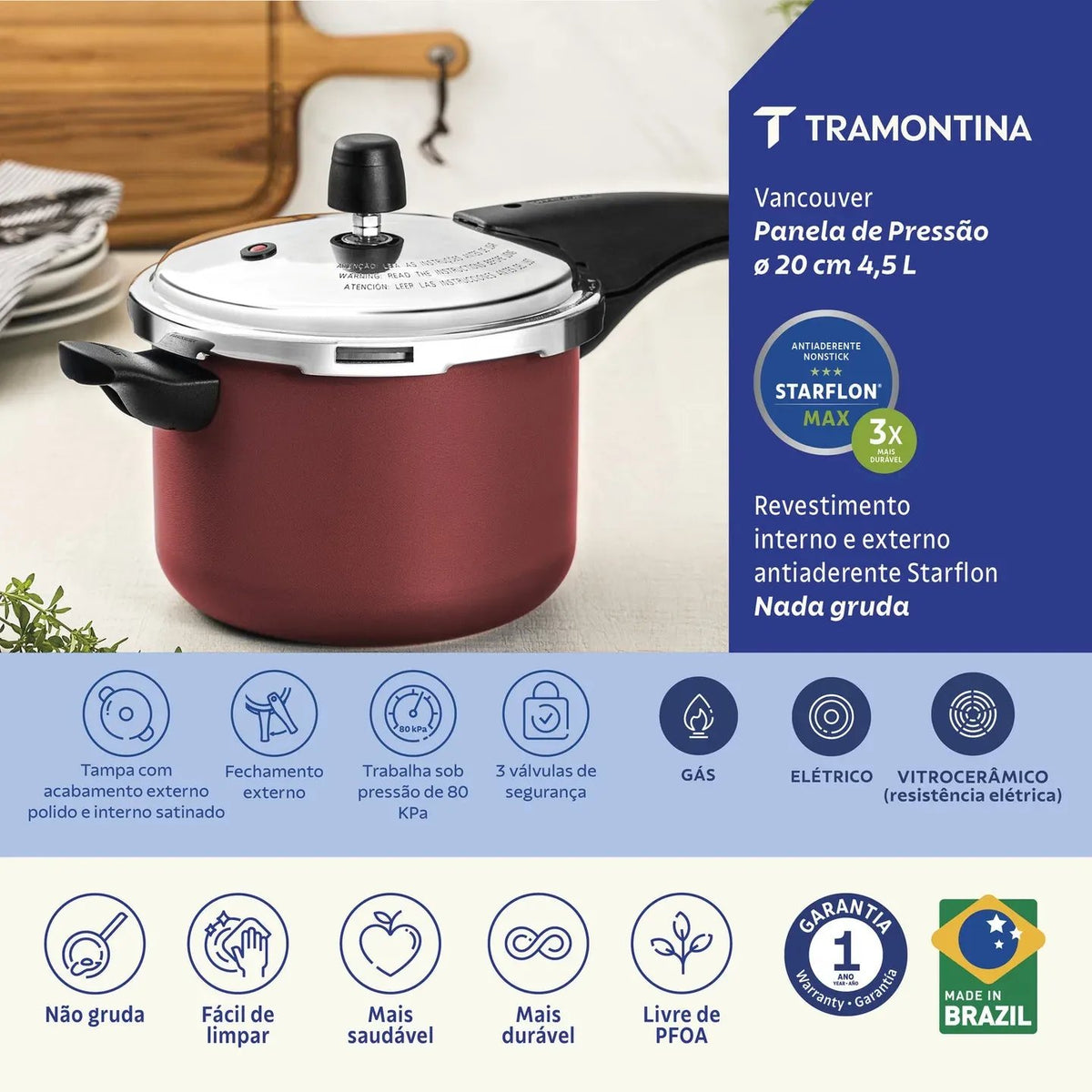 Olla a presión Tramontina Vancouver de aluminio con revestimiento antiadherente Starflon Max interno y externo, roja, 20 cm, 4,5 L