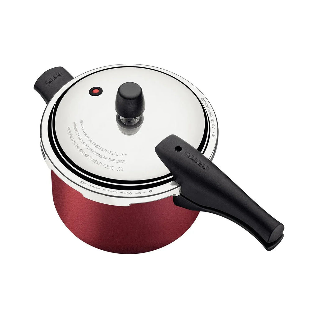 Olla de presión Tramontina roja con tapa de acero inoxidable, válvula de seguridad y mangos negros