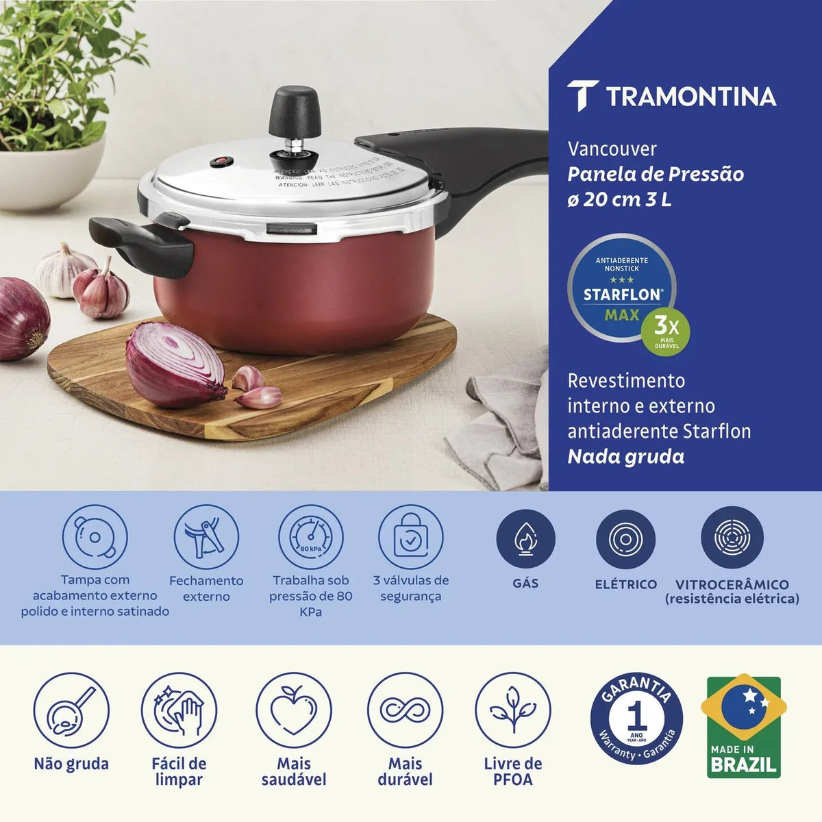 Olla a presión de aluminio Tramontina Vancouver con revestimiento antiadherente Starflon Max interno y externo, roja, 20 cm, 3 L