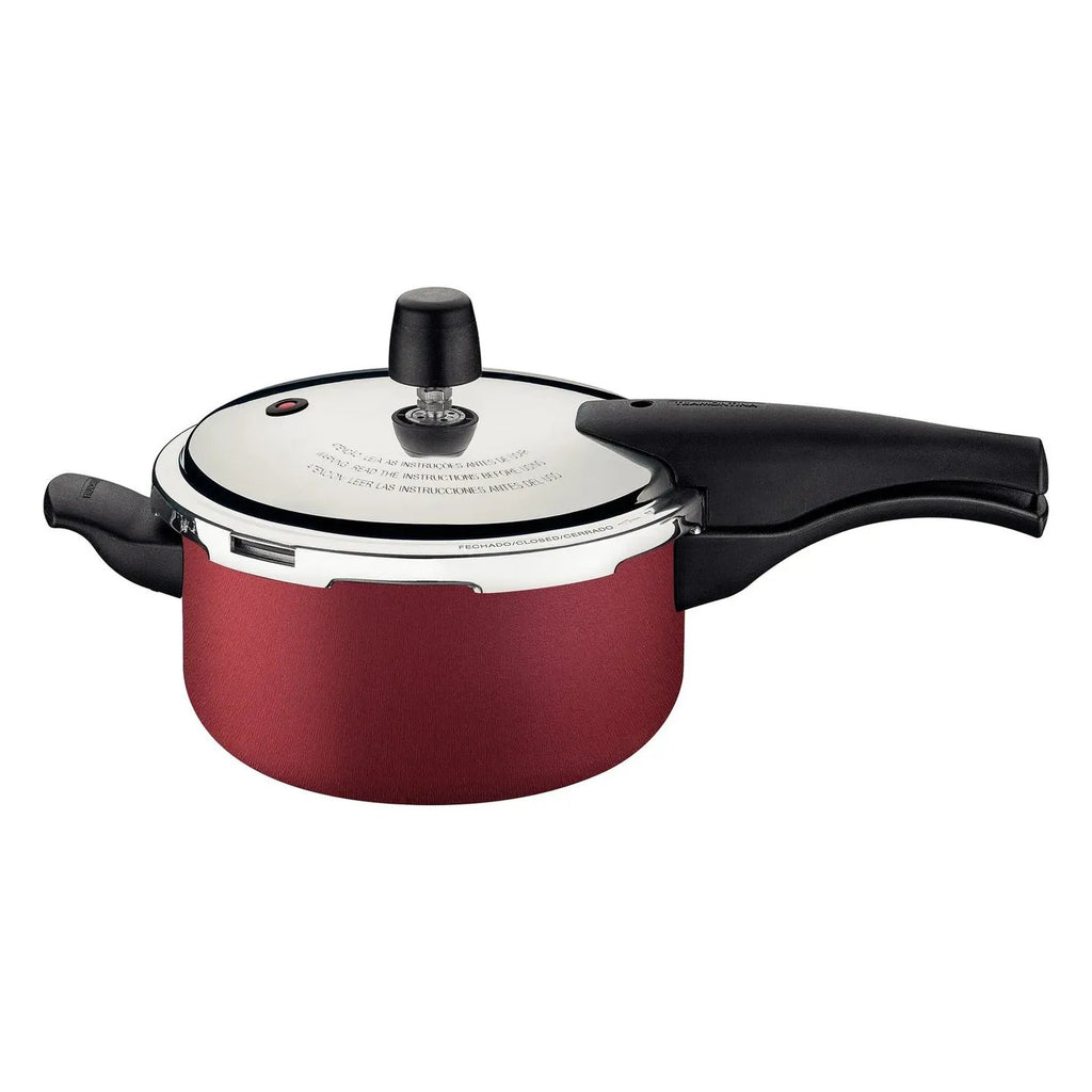 Olla a presión Tramontina roja con tapa de acero inoxidable, válvula de seguridad y mangos negros