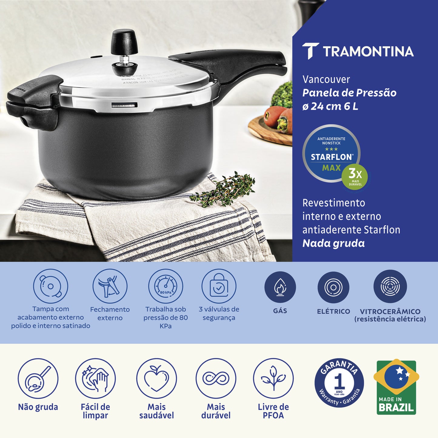 20589/624 Olla a presión Tramontina Vancouver de aluminio con revestimiento antiadherente Starflon Max interno y externo, color grafito, 24 cm, 6 L