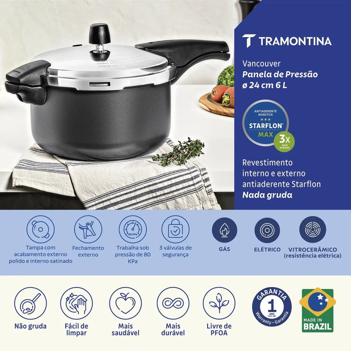 Olla a presión Tramontina Vancouver de aluminio con revestimiento antiadherente Starflon Max interno y externo, color grafito, 24 cm, 6 L