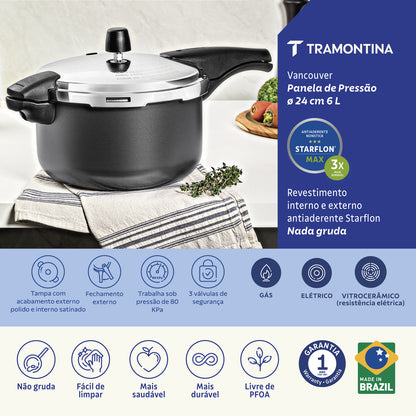20589/624 Olla a presión Tramontina Vancouver de aluminio con revestimiento antiadherente Starflon Max interno y externo, color grafito, 24 cm, 6 L