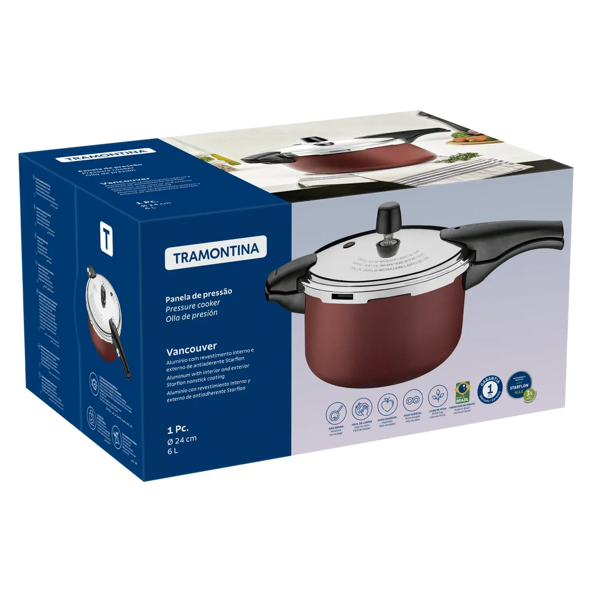 Olla a presión Tramontina Vancouver de aluminio con revestimiento antiadherente Starflon Max interno y externo, roja, 24 cm, 6 L