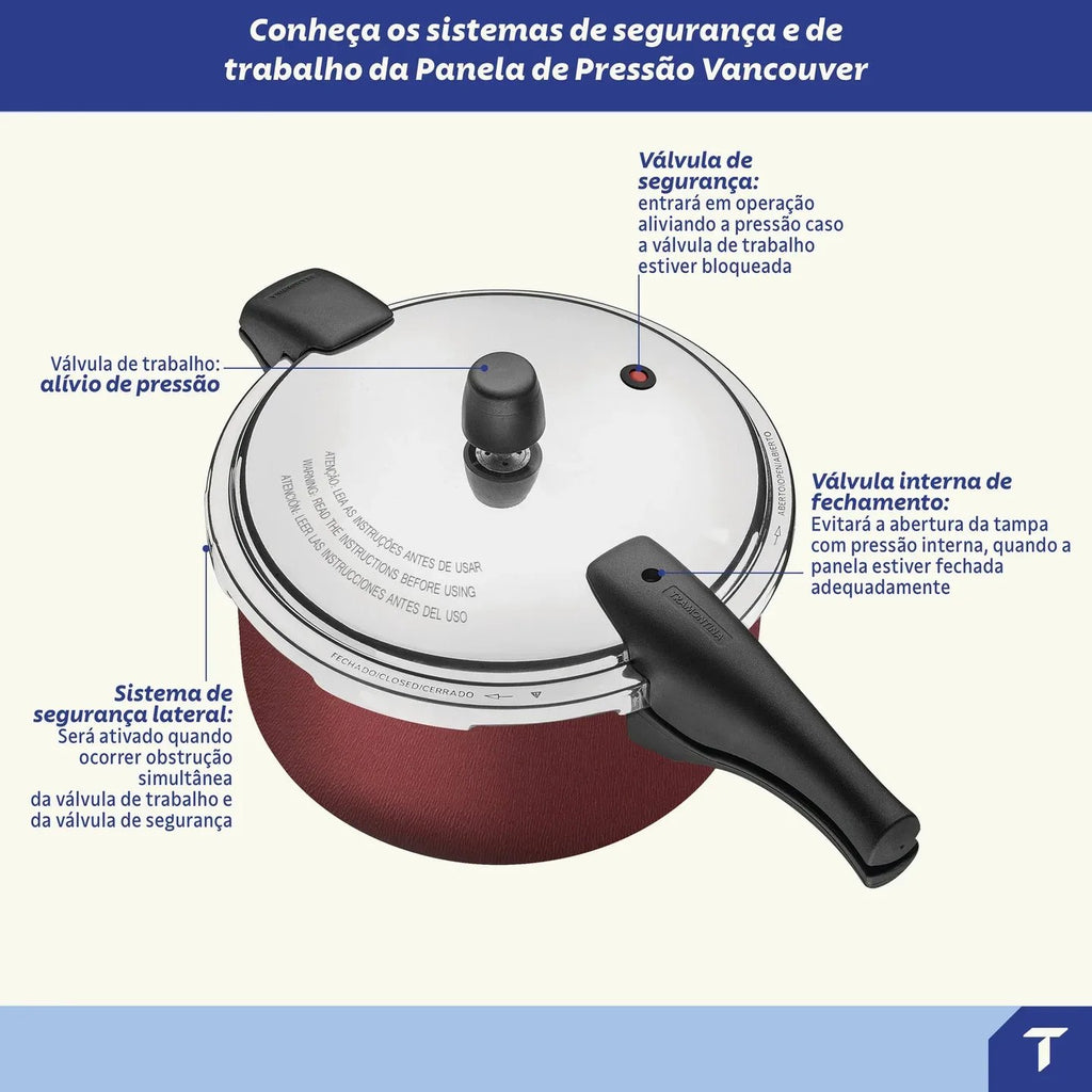 Tapa de olla de presión Tramontina Vancouver con válvulas de seguridad y trabajo señalizadas