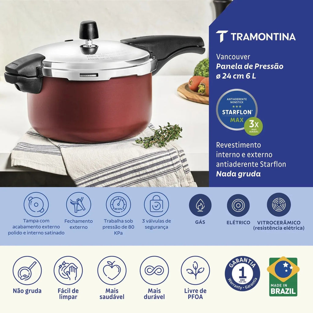 Olla a presión Tramontina Vancouver de aluminio con revestimiento antiadherente Starflon Max interno y externo, roja, 24 cm, 6 L