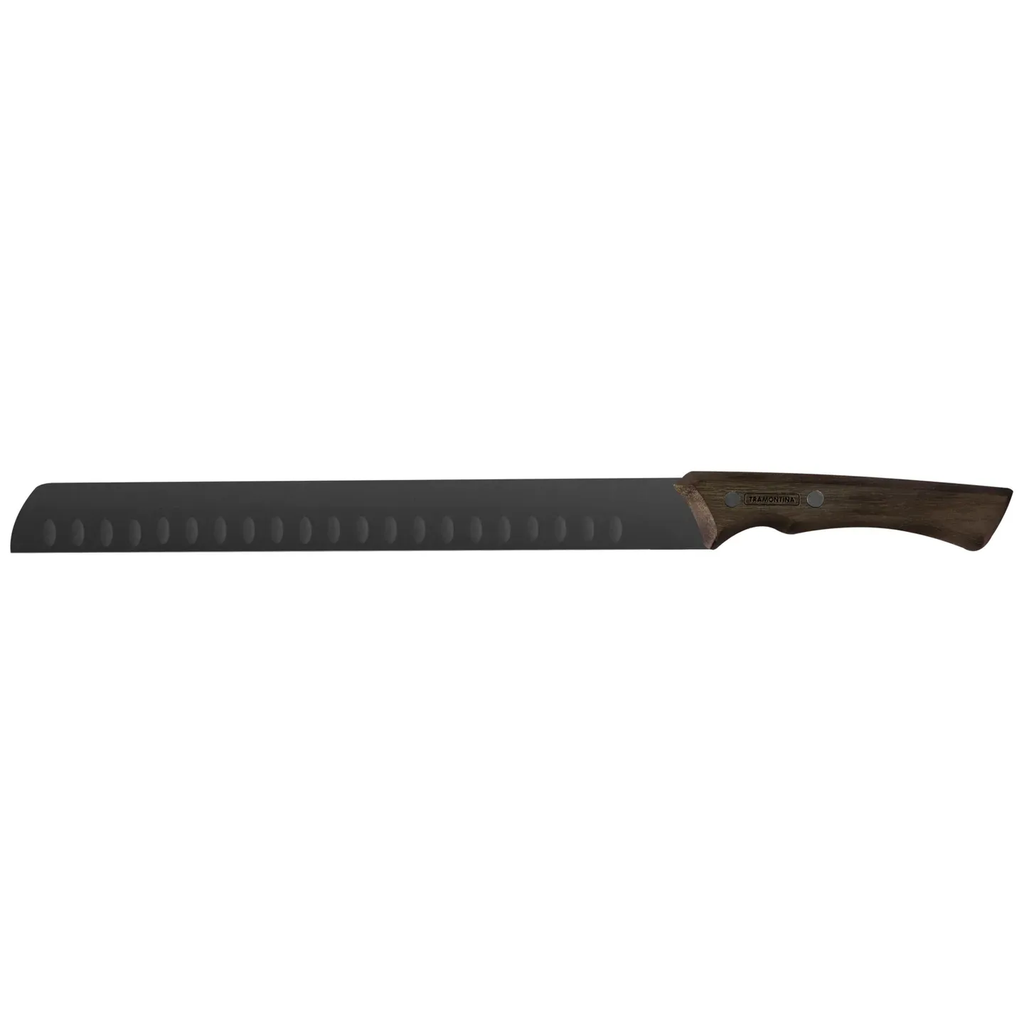 Cuchillo Tramontina de hoja larga negra con mango de madera y calados ovalados en el lomo