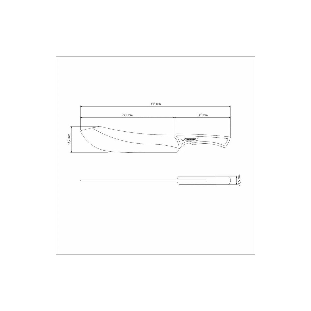 Diagrama técnico de cuchillo Tramontina con hoja curva
