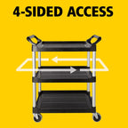 Carro de servicio utilitario con ruedas giratorias de 10 cm, capacidad de 90 kg, color negro.