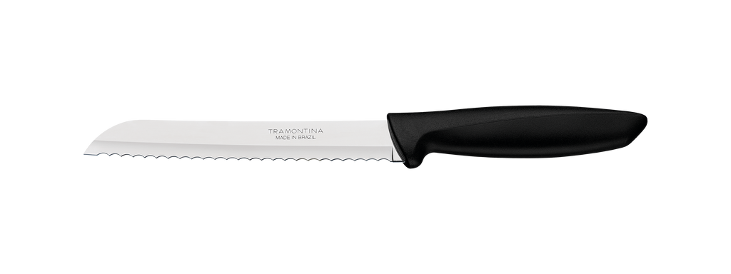 Cuchillo Tramontina con hoja serrada de acero inoxidable y mango negro, marca Made in Brazil