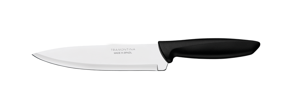 Cuchillo Tramontina de hoja blanca con mango negro, marca Made in Brazil visible en la hoja