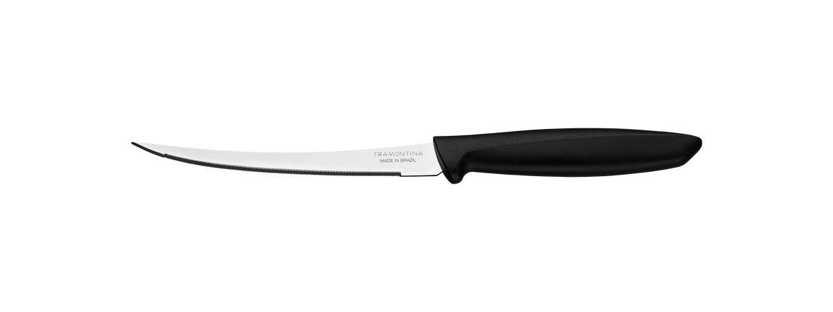 Cuchillo Tramontina con hoja curva serrada de acero inoxidable y mango negro de polipropileno
