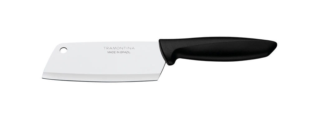 Cuchillo Tramontina con hoja blanca rectangular y mango negro ergonómico, marca Made in Brazil visible en la hoja