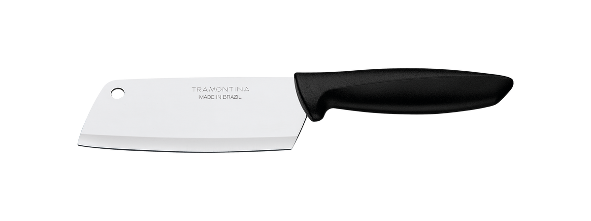 Cuchillo Tramontina con hoja blanca rectangular y mango negro ergonómico, marca Made in Brazil visible en la hoja