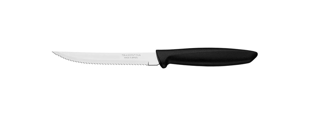 Cuchillo Tramontina con hoja serrada de acero inoxidable y mango negro, vista lateral sobre fondo blanco