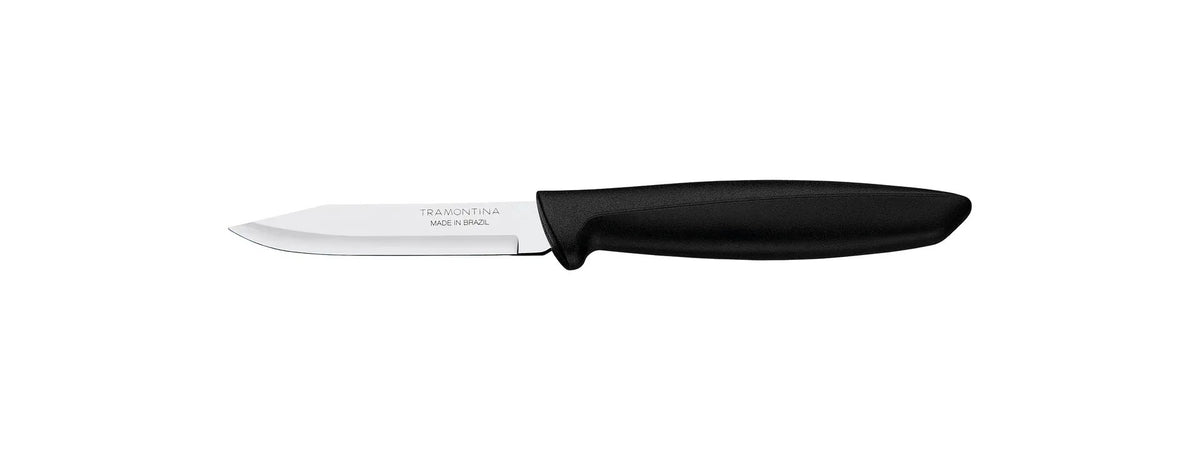 Cuchillo Tramontina con mango negro y hoja de acero inoxidable corta, vista lateral sobre fondo blanco