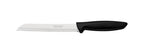 Cuchillo Tramontina con hoja serrada de acero inoxidable y mango negro, vista lateral sobre fondo blanco