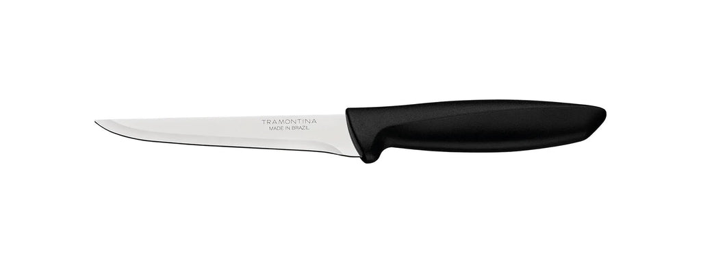 Cuchillo Tramontina con hoja de acero inoxidable y mango negro, vista lateral sobre fondo blanco