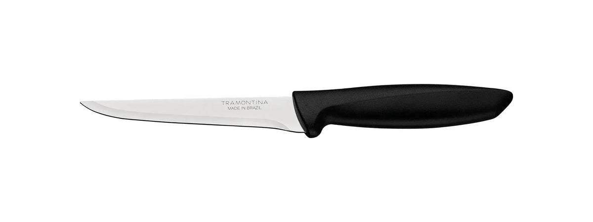 Cuchillo Tramontina con hoja de acero inoxidable y mango negro, vista lateral sobre fondo blanco