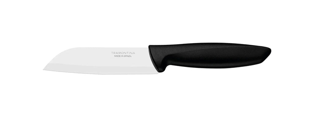 Cuchillo Tramontina con hoja blanca y mango negro, marca Made in Brazil visible en la hoja