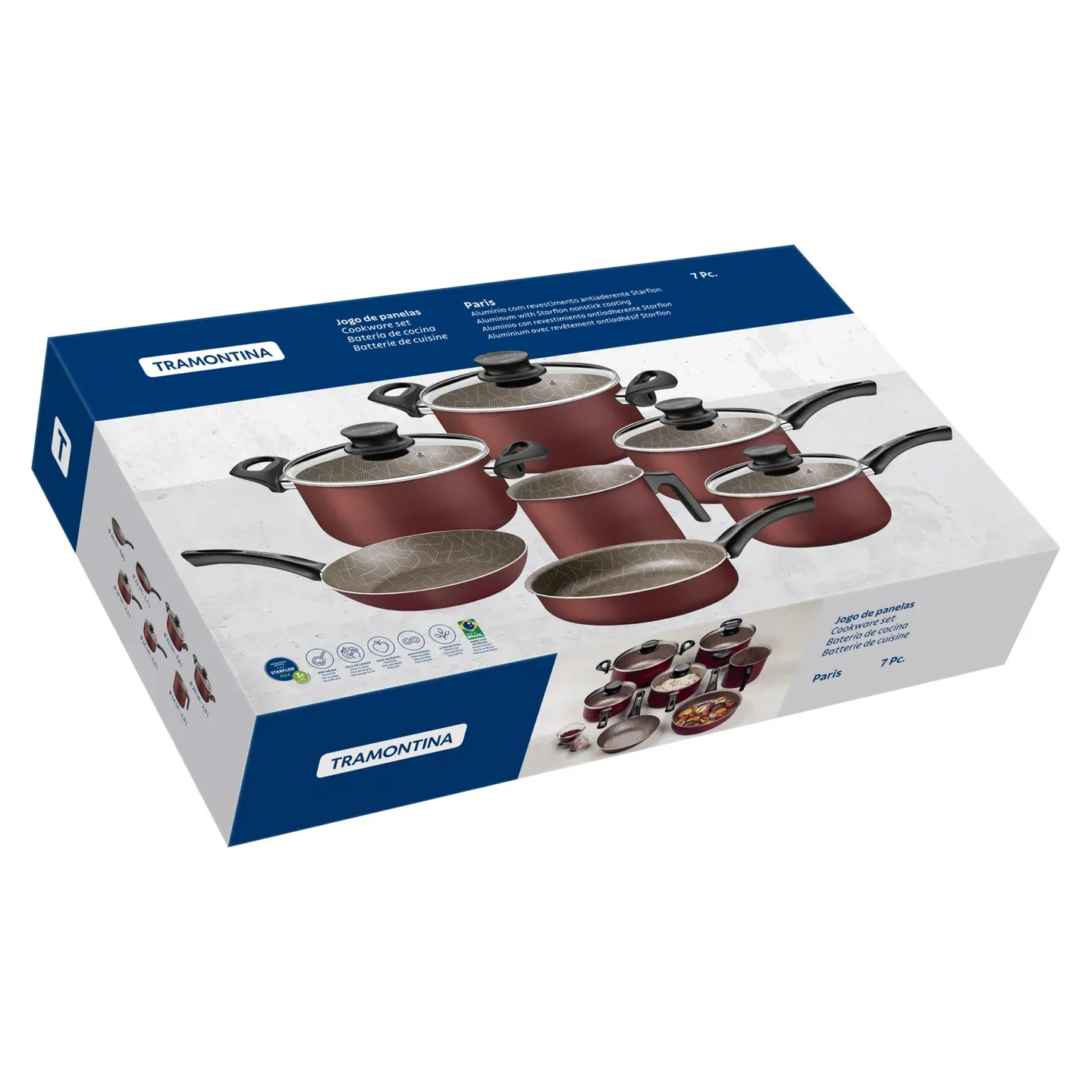 Caja de juego de ollas Tramontina Paris de 7 piezas en aluminio con revestimiento antiadherente Starflon color burgundy