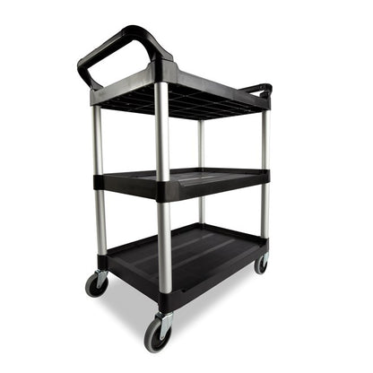Carro de servicio utilitario con ruedas giratorias de 10 cm, capacidad de 90 kg, color negro.