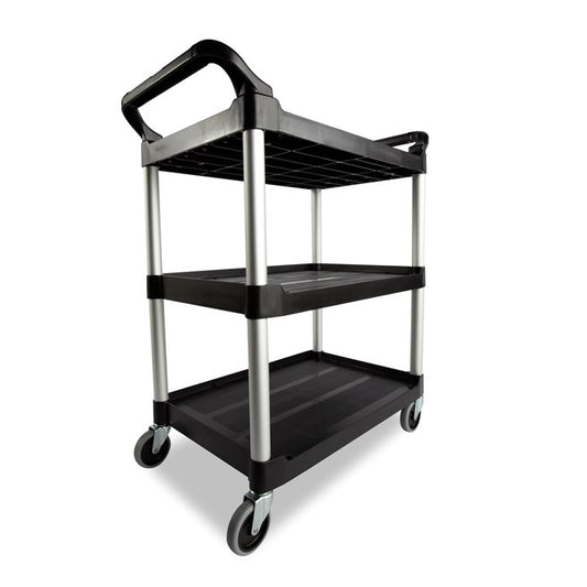 Carro de servicio utilitario con ruedas giratorias de 10 cm, capacidad de 90 kg, color negro.