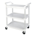 Carro de servicio utilitario con rueda giratoria de 10 cm, capacidad de 90 kg, color blanco.