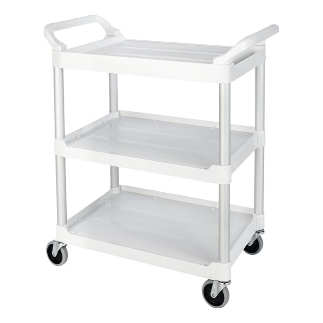 Carro de servicio utilitario con rueda giratoria de 10 cm, capacidad de 90 kg, color blanco.