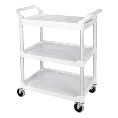 Carro de servicio utilitario con rueda giratoria de 10 cm, capacidad de 90 kg, color blanco.