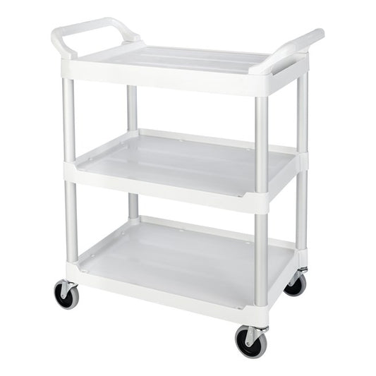 Carro de servicio utilitario con rueda giratoria de 10 cm, capacidad de 90 kg, color blanco.