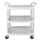 Carro de servicio utilitario con rueda giratoria de 10 cm, capacidad de 90 kg, color blanco.