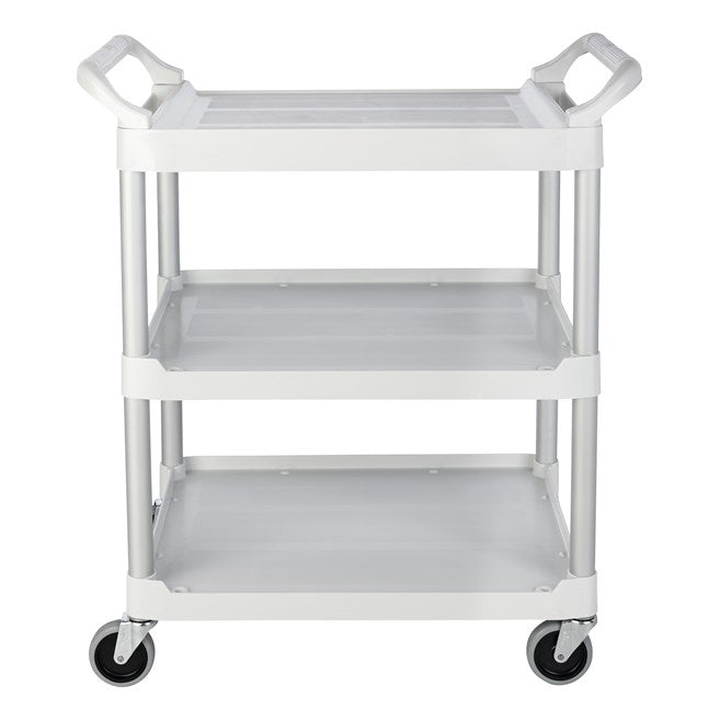 Carro de servicio utilitario con rueda giratoria de 10 cm, capacidad de 90 kg, color blanco.