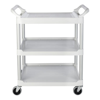Carro de servicio utilitario con rueda giratoria de 10 cm, capacidad de 90 kg, color blanco.