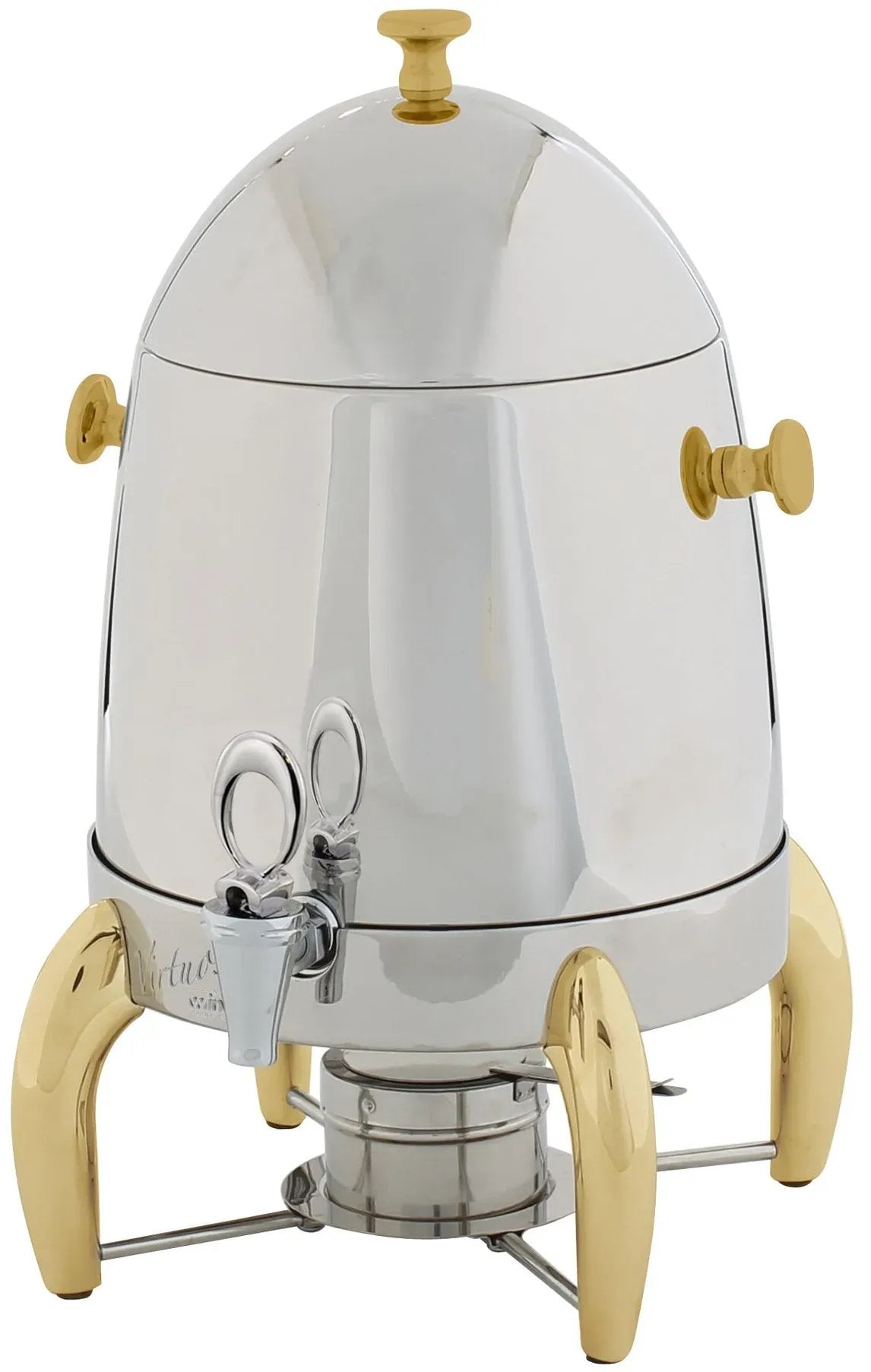 Dispensador de bebidas con cuerpo cromado, tapa transparente tipo domo y patas doradas, con grifo de servicio frontal