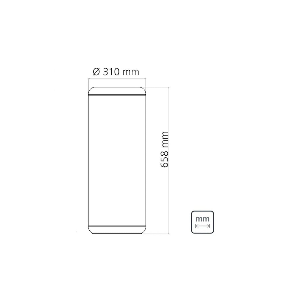 Diagrama técnico de bote cilíndrico con diámetro de 310 mm y altura de 658 mm
