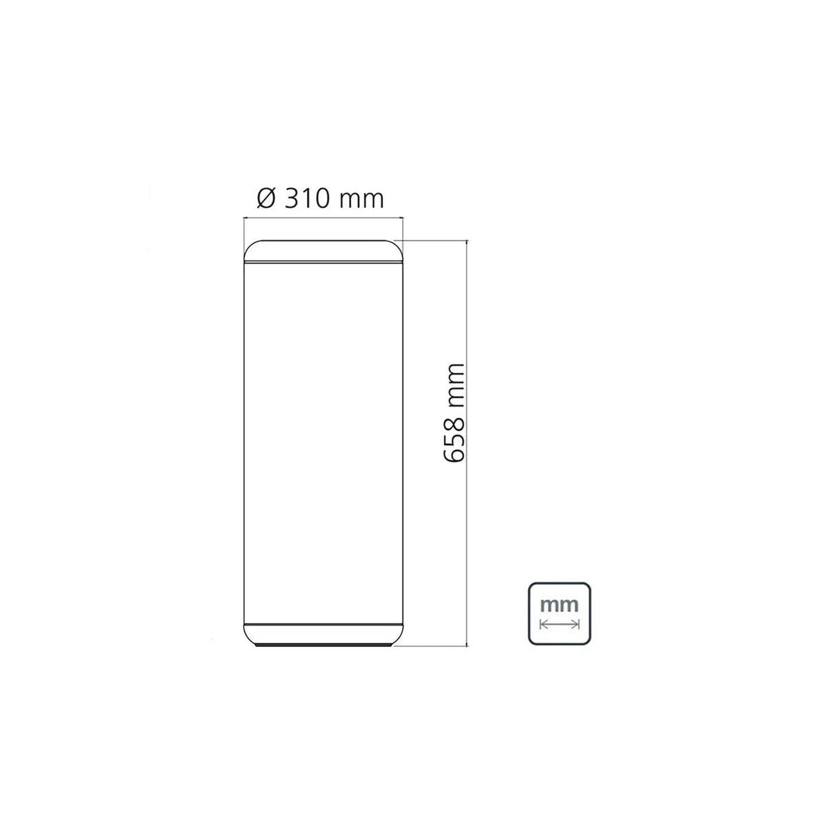 Diagrama técnico de bote cilíndrico con diámetro de 310 mm y altura de 658 mm