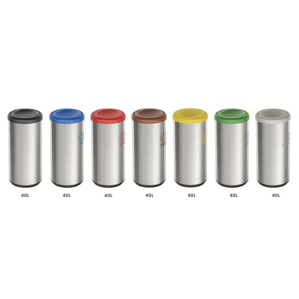 Set de ocho botes de basura cilíndricos de 40 litros con tapa