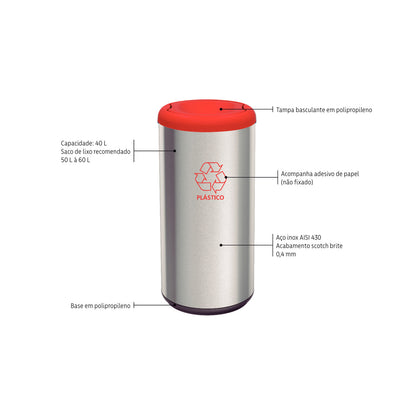 94539/202 Cubo de basura Tramontina Piemonte de acero inoxidable con acabado satinado y tapa abatible de polipropileno rojo, 40 L
