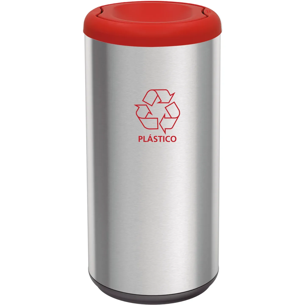 Contenedor cilíndrico de acero inoxidable con tapa roja y símbolo de reciclaje para plástico