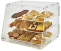 Vitrina exhibidora acrílica de tres niveles con galletas, croissants, muffins y pasteles variados