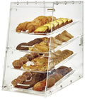 Vitrina exhibidora acrílica transparente de cuatro niveles con croissants, muffins, galletas, hojaldres y panadería variada