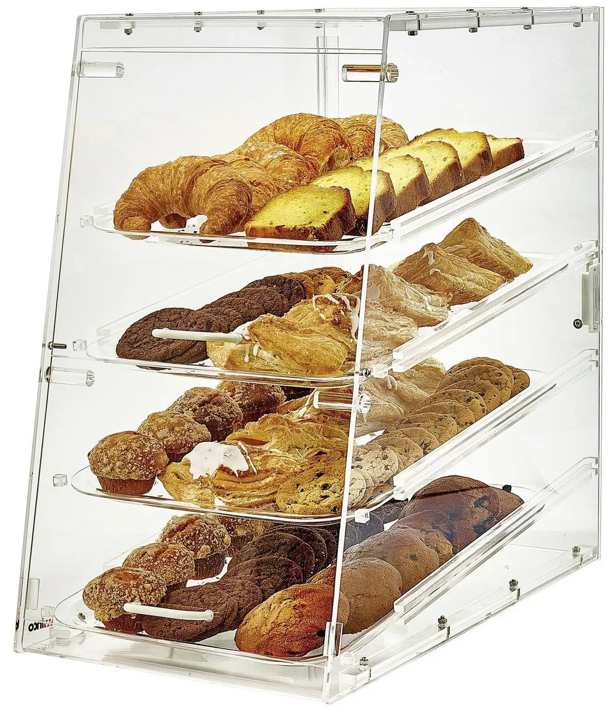 Vitrina exhibidora acrílica transparente de cuatro niveles con croissants, muffins, galletas, hojaldres y panadería variada
