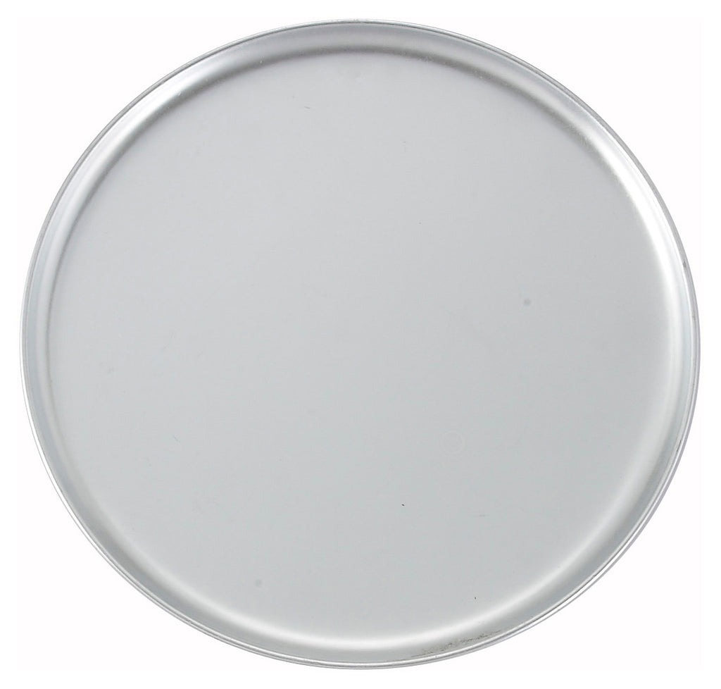 Bandeja redonda de aluminio para pizza, vista superior, con borde ligeramente elevado