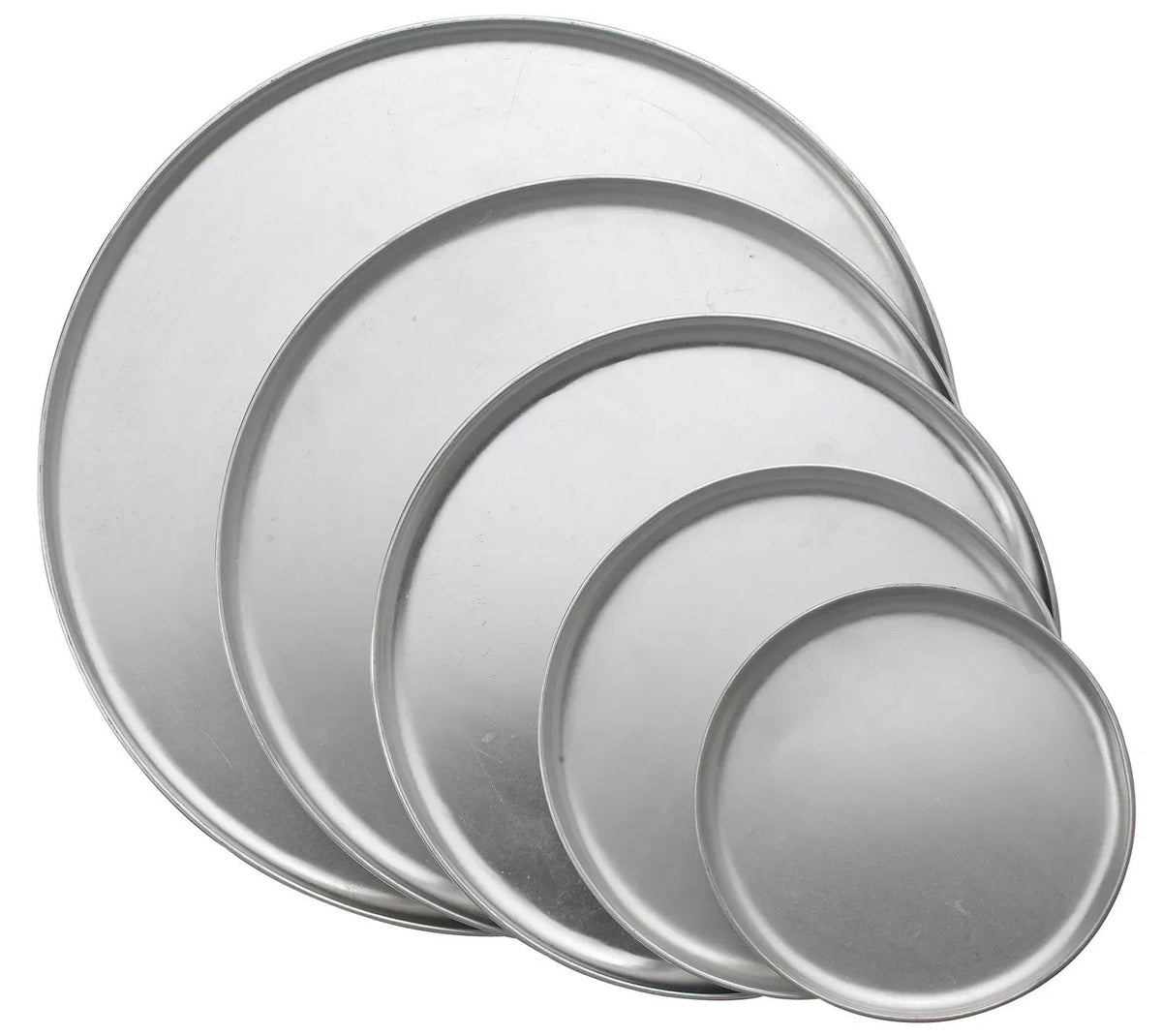 Juego de cinco bandejas redondas de aluminio para pizza en distintos tamaños