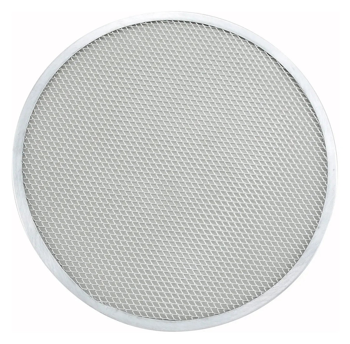 Rejilla redonda de aluminio con malla fina y borde sólido, tipo pantalla para pizza