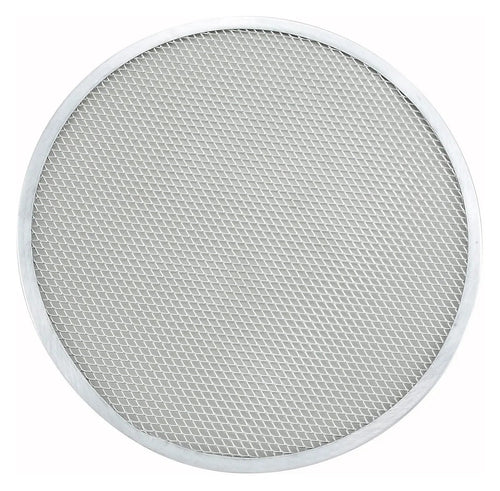 Rejilla redonda de aluminio con malla fina y borde sólido, tipo pantalla para pizza